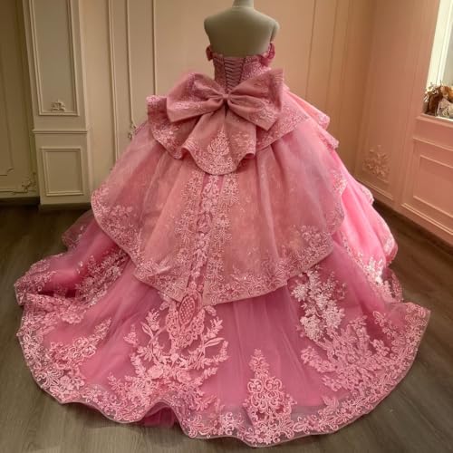Mouccy Lace Quinceanera Dresses Ball Gown Puffy Beaded Sweet 16 Dresses with Ruffles Off Shoulder Pageant Dresses with Bow2