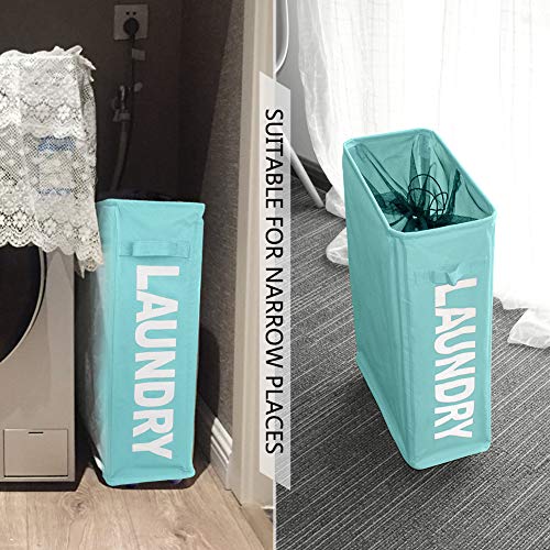 Image of Slim Rolling Laundry Basket with wheel, IHOMAGIC Rectangle Storage Hamper - Thin Laundry Basket Corner Fittable Laundry Bin Flexible handle Laundry Sorter For Dormitory, Hotel, 39x18.5x58cm 41L, Blue