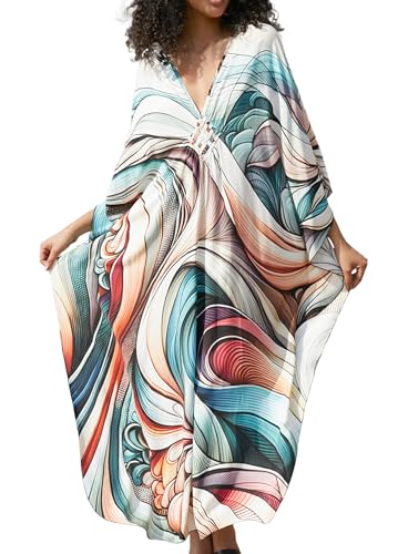 Image of Yanziliu Kaftan Dress for Women,Plus Size Hawaiian Batwing Sleeve Beach Cover Up Summer Swimsuit Dresses