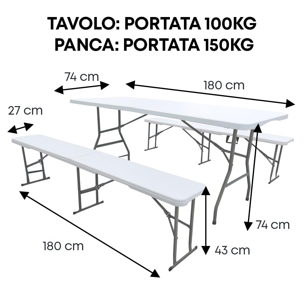 Set Da 3 Pezzi Tavolo + 2 Panche Pieghevoli Set Birreria Struttura Acciaio Impermeabile Uv Resistente Interno Esterno 180 Cm XXL 6/8 Per Feste Sagre Posti Maniglie Per Trasporto Giardino Campeggio