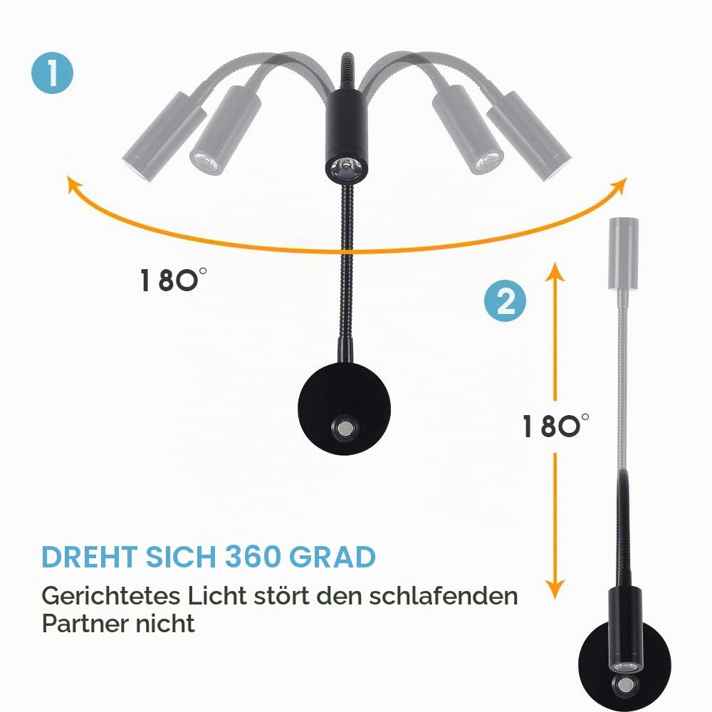 Dimmbare RV Leseleuchte mit USB-Ladeanschluss, DC 12V WOHNMOBIL Innenleuchten, Flexible LED-Leuchten, entwickelt für Auto, Van, Boot und Wohnmobil, 2 Packungen