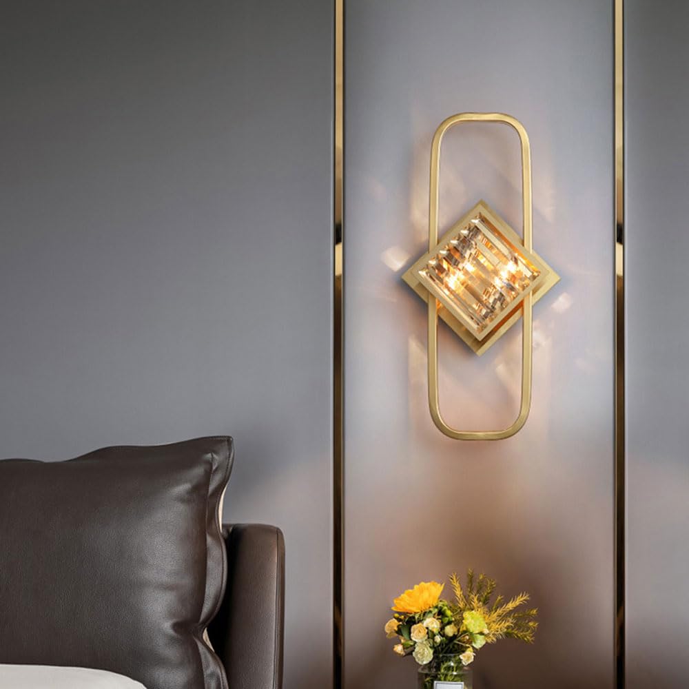 MYUYEE Crystal Wall Sconces,D Wall Light Fixtures,Bedroom Wall Lights With Rhombus K9 Crystal Lampshade,Sconces Wall Lighting Sconce For Living Room Bathroom