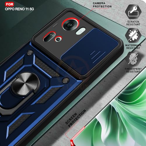 Image of Armor Bumper Back Cover Case for Oppo Reno 11 5G Rotating Camera Cover, Ring Holder & Kickstand | Heavy Duty & 360 Degree Protection Oppo Reno 11 5G Back Cover (Blue)