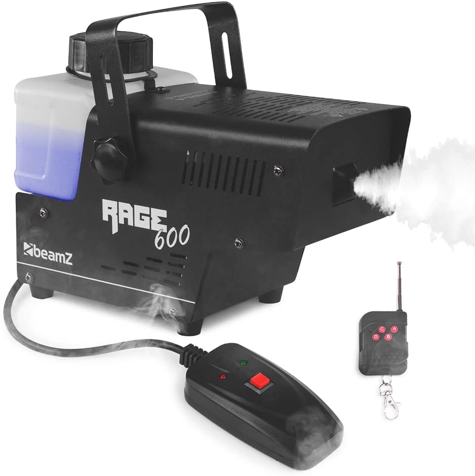beamz Rage600 Smoke Machine with Wireless Remote Control - 600W Small Fog Machine for DJ Disco Parties, Rapid Heat-Up, 500ml Tank, Ideal Smoke Effect for Lighting & Stage Events