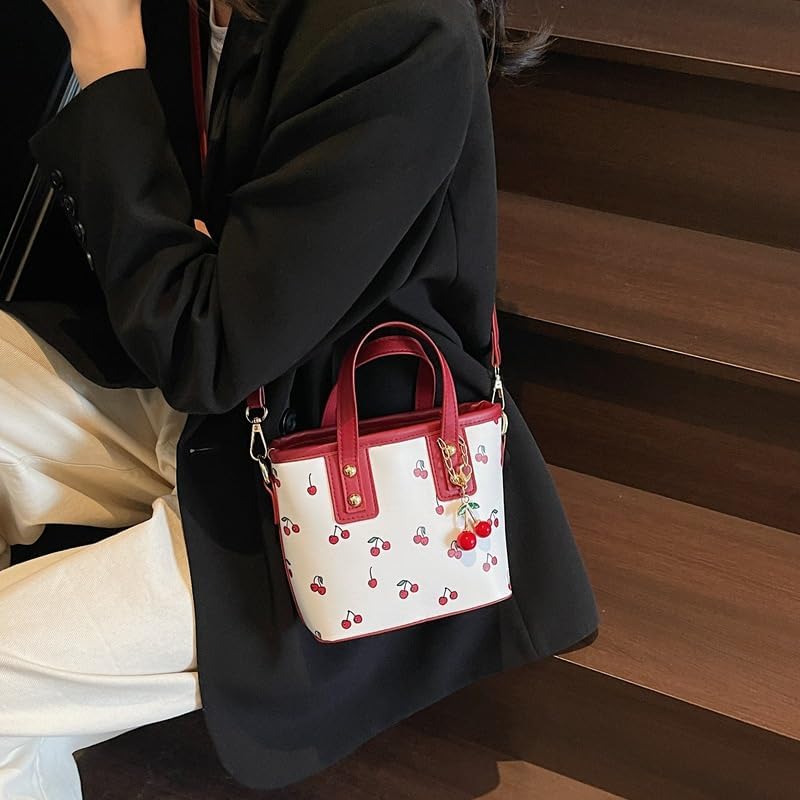 Miniatura 6 de Bolso tote de piel de cerezo Lindo bolso de hombro Y2K para mujer, bolso de diseñador rojo con asa superior, bolso de mano con estampado de frutas