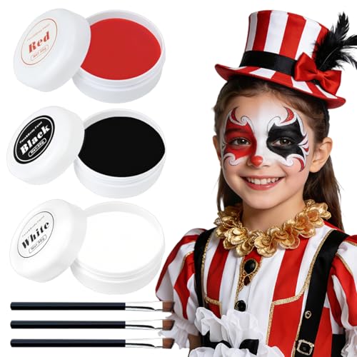 Maquillage Carnaval pour Visage Noir Blanc Rouge, Peinture Corporelle Noir Blanc Rouge, avec 3 Pinceaux de Maquillage, Enfant Adulte Peinture Corporelle, pour Carnaval, Cosplay, Scène, Clown (50g*3)
