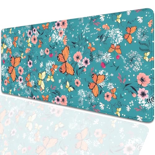 Image of Colorful Butterflies and Flowers Extended Desk Pad Mouse Pad,Stitched Edges Non-Slip Rubber Base XL Mouse Mat Desk Mat for Office Home Work Blue Mousepad(27.5X11.8 Inch)