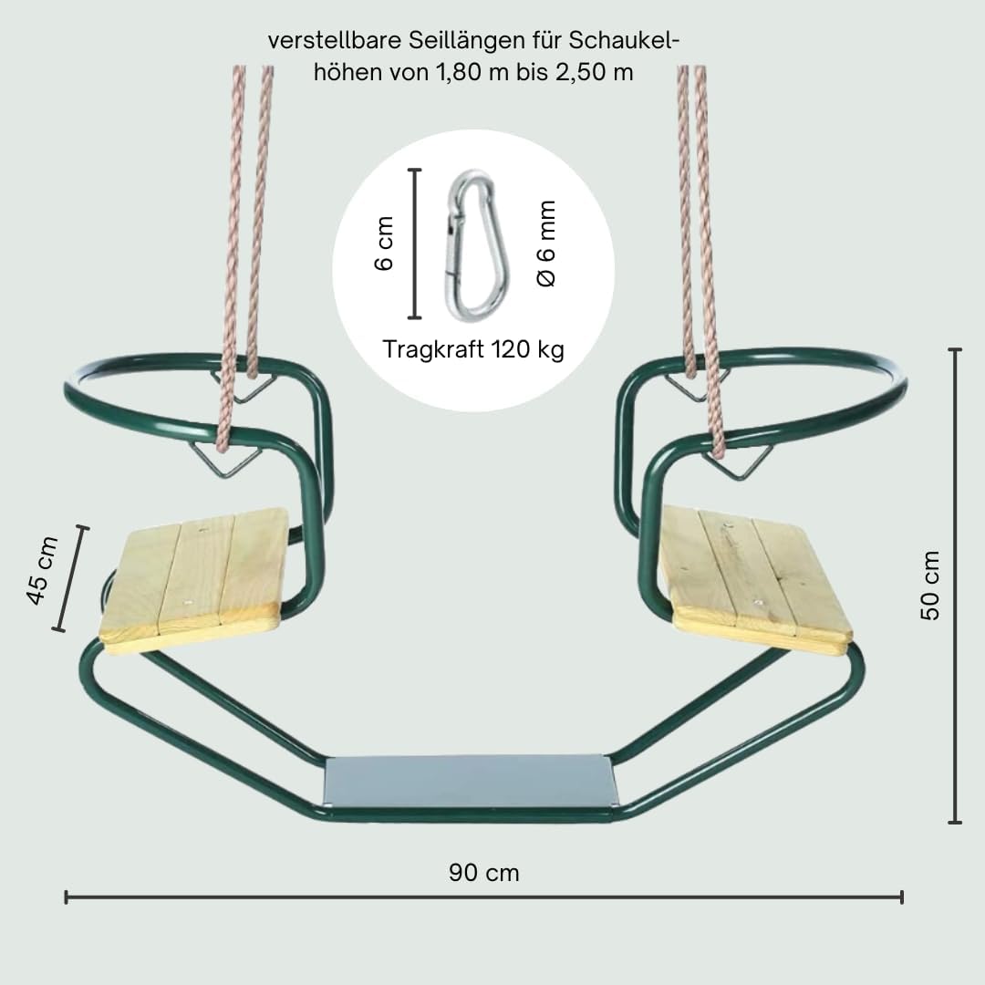 h2i Doppelschaukel Metall – Gondelschaukel - Schiffschaukel mit 2 Holzsitzen & verstellbaren Seilen – inkl. Karabiner – grün
