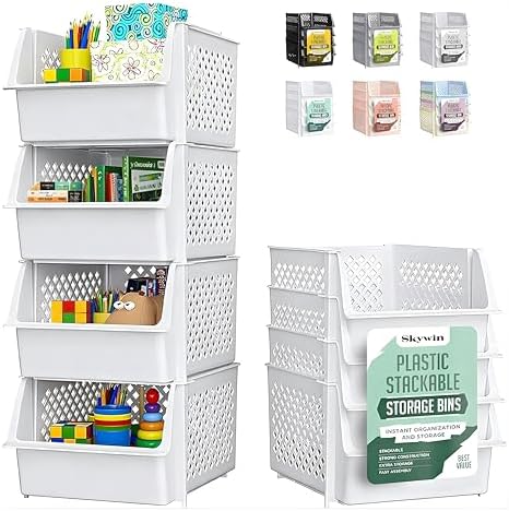 Skywin Stackable Storage Bins Open Front for Pantry Storage, 4 Pa...