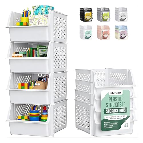 Image of Skywin Stackable Storage Bins Open Front for Pantry Storage, 4 Pack - White | Sturdy Plastic, Easy Stacking, Open Front Access, Ventilated Sides, Vertical & Space Saving Pantry Organizers and Storage Bin