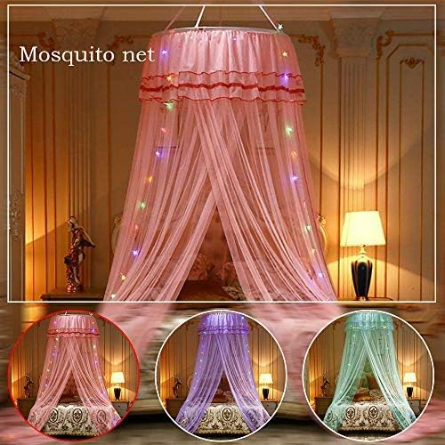 LED Light Princess Dome Mosquito Net Mesh Bed Canopy Bedroom Decoration Luxury Princess Bed Canopy Mosquito Net for Girls, Teens or Over Baby Crib in Nursery