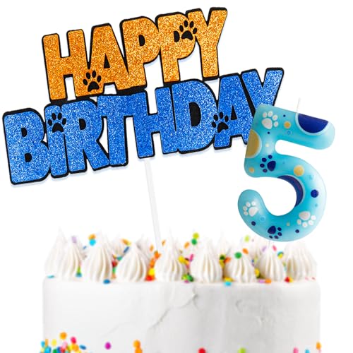 Dog Paw Cake Decorations with Happy 5th Birthday Cake Toppers and Birthday Candles Number 5, Dog Paw 5th Birthday Party Decorations for Girls Boys