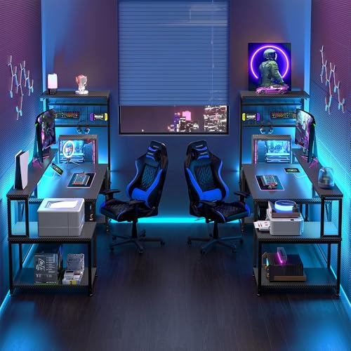 Image of DurayLoly 63 inch Gaming Desk with LED Lights & Outlets,Computer Desk with Drawers & Monitor Stand,Gaming Table with 3 Storage Shelves, Hooks& Printer Space for Game&Study Room,Home Office,Bedroom,Black