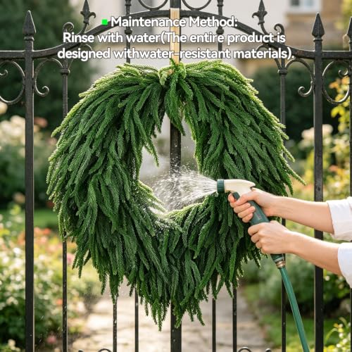 Image of 28 inch Norfolk Pine Christmas Wreath for Front Door - Large Artificial Greenery Wreath for Wall, Porch, or Indoor Outdoor Holiday Decor - Real Touch Pine Foliage (1, 28 inch)