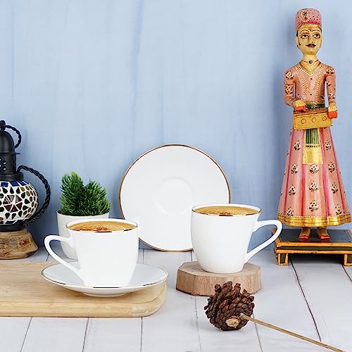 Image of Dandy Lines England Alpine Gold Band Coffee Mug & Cup Set, 6 Cups & Saucers, Elegant White, Bone China, Pack of 12, Microwave & Dishwasher Safe, Great for Hosting & Gifting