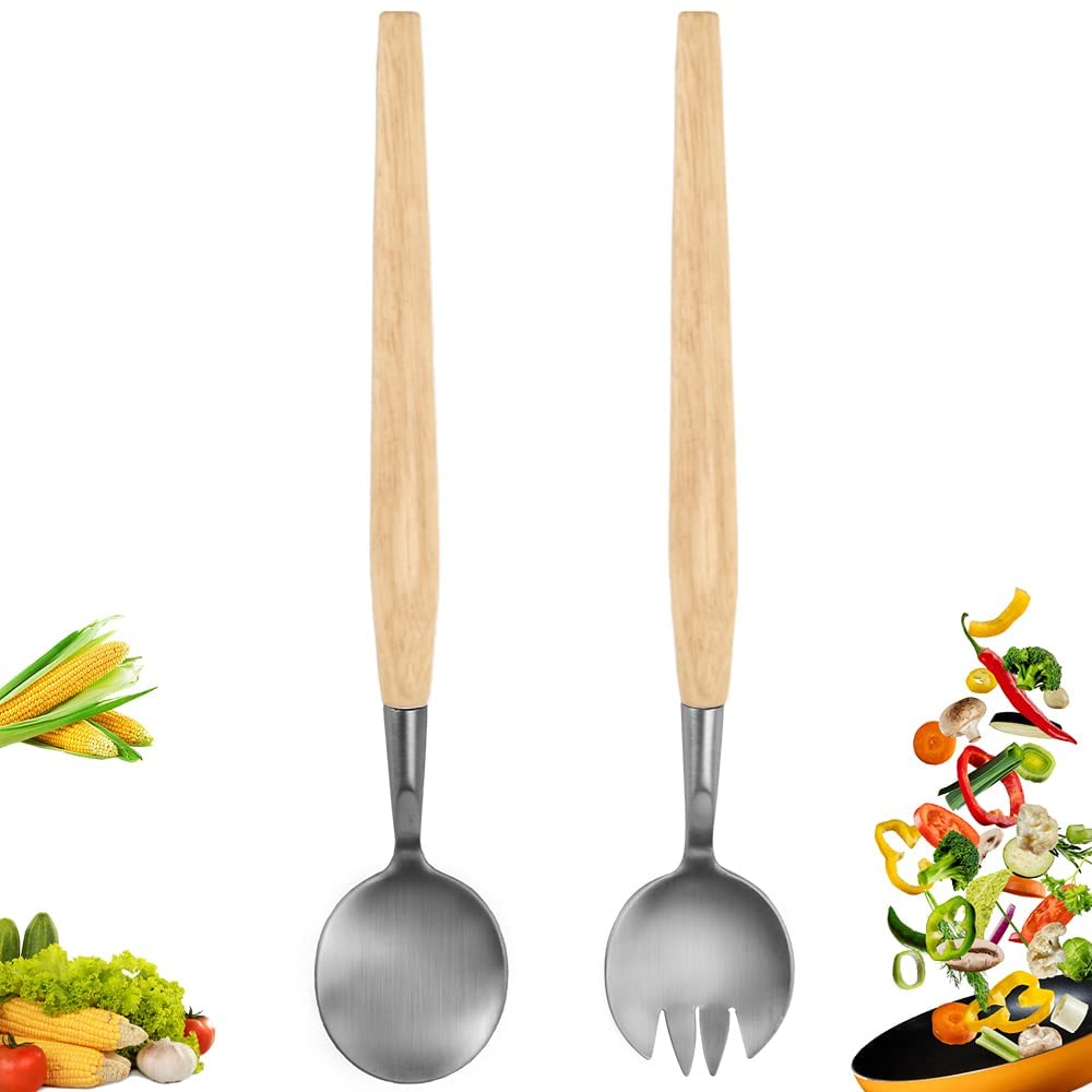 MAKINGTEC 2 Pcs Salad Servers Set, Long Handle Salad Mixing Dinner Fork and Spoon Tableware Cutlery Set Kitchen Utensil Salad Spoon with Wooden Handle for Fruits Parties Meals
