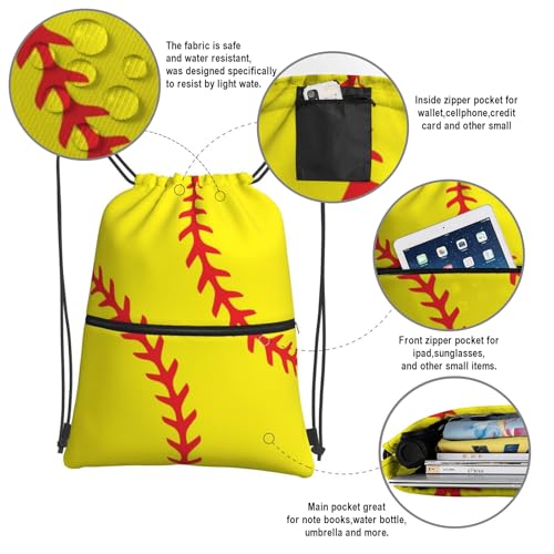 Image of Outdoor Sports Softball Drawstring Backpack, Waterproof Drawstring Bag for Gym Sports Teams Softball Party, Men Women Durable Yellow Sackpack Bag with Front Zipper Pocket and Inside Zipper Pocket