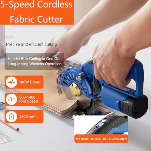 Cordless Electric Fabric Cutter, 5-Speed Rotary Cutting Machine, 40mm Cutting Thickness, Ideal for Multi-Layer Cloth & Leather, Includes 2 Rechargeable Batteries for Enhanced Portability