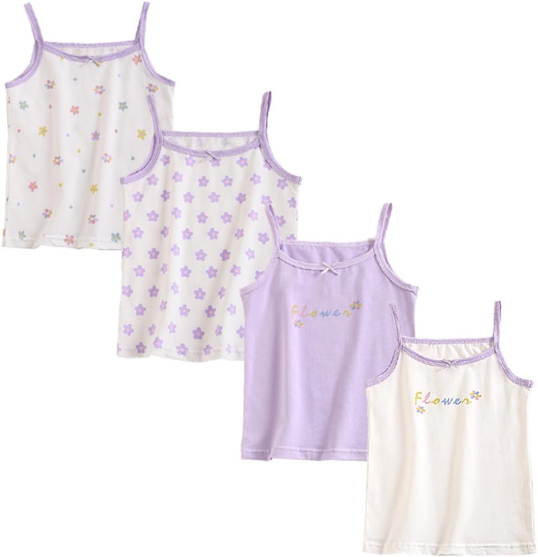 4 Pack of Kids Girls Undershirt Cami Cute Printed Tank Top Sleeveless Shirts Soft Breathable Tank Tops