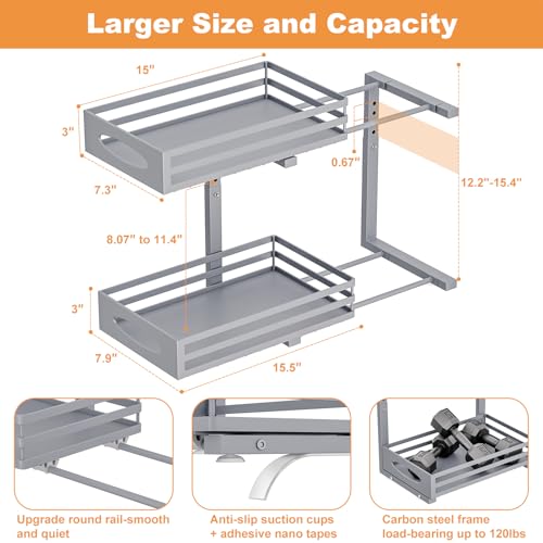 Image of Under Sink Organizer, 2 Tier Under Sink Organizers and Storage, Adjustable Height, Slide out Metal Cabinet Organizers, Pull out Cabinet Storage Drawer Shelf for Kitchen Bathroom (Gray, 1 Pack)