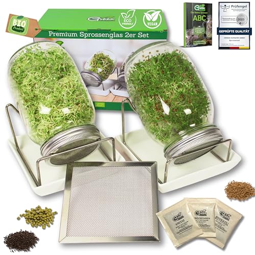 Green SEEDS® [Das Original Sprossenglas 2er Set + KRESSESIEB + 3 x Saatgut-Set mit hochwertigem...