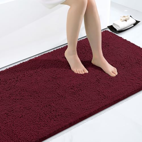 Smiry Luxury Chenille Bathroom Rugs 44x24, Extra Soft and Absorbent Shaggy Bath Mat, Machine Washable, Non-Slip Plush Carpet Runner for Tub, Shower, and Floor, Home Decor Accessories, Burgundy