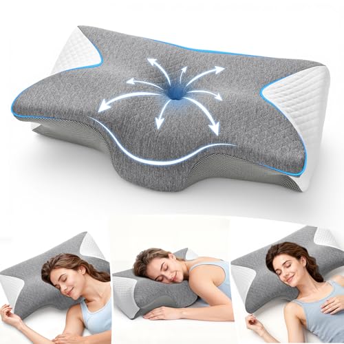 A-Pce Almohada Cervicales y Cuello, Almohada Ergonómica de Espuma Viscoelástica, para Aliviar Dolores de Cuello, Hombro y Espalda, Ideal para Dormir de Lado, Boca Arriba y Boca Abajo, Gris-Blanco