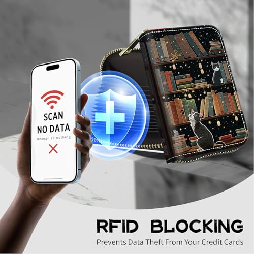 Image of Cute Credit Card Holder with Zipper, Cat Library RFID-Blocking Card Case Small Wallet for Women Men, Multi-slot Card Organizer Case Travel Accordion Wallet