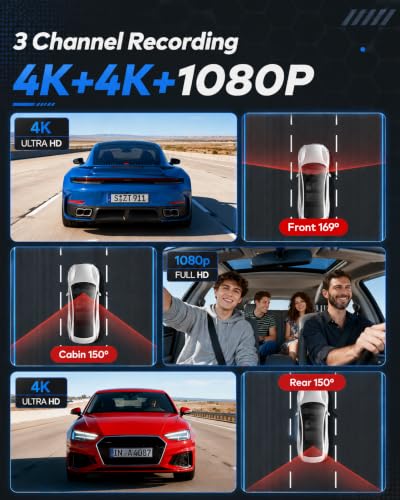 Image of 3 Channel 4K+4K+1080P Dash Cam Front and Rear with Cabin, Free 128GB Card, WiFi Up to 21MB /s, IR Night Vision, Starlight Night Vision, G-Sensor, 24H Parking Mode, Support 512GB Max, Clip