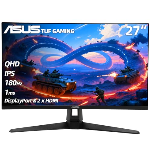 Image of ASUS TUF Gaming 27 inch 2K HDR Monitor - QHD (2560 x 1440), 180Hz, 1ms, Fast IPS, 130% sRGB, ELMB, Speakers, Freesync Premium, G-SYNC Compatible, DisplayPort & 2 x HDMI, Tilt /Swivel, VESA, Black