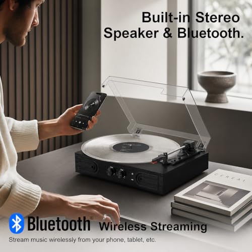 Image of Vinyl Record Player with Built-in Speakers 3-Speed Vintage Record Player Support Treble& Bass Control, Headphone Jack,RCA-Out /Aux in, Belt-Driven LP Turntable,Black Wood