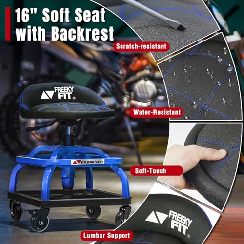 Image of Rolling Shop Stool with Wheels, Garage Work Mechanic Stool with Backrest, Roller Mechanic Chair, Adjustable Height, 360 Swivel, Tool Tray Storage, 330 LBS Capacity, Heavy Duty, Blue