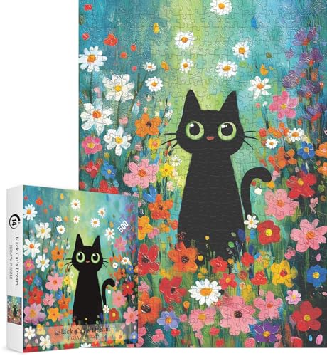 Puzzles Cute Black Cat para adultos 500 piezas. Puzzles de rompecabezas de naturaleza con flores coloridas. Rompecabezas artísticos desafiantes de flores, animales y plantas miniatura 2
