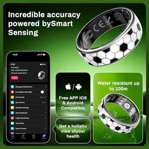 Image of Soccer Pattern Smart Ring for Men Women, Fitness Tracker Ring- HR, SpO2, Sleep Monitor Step Calorie Distance, Vibration, Waterproof Fitness Ring, Soccer Gifts for Soccer Fan-No APP Fee (10#)