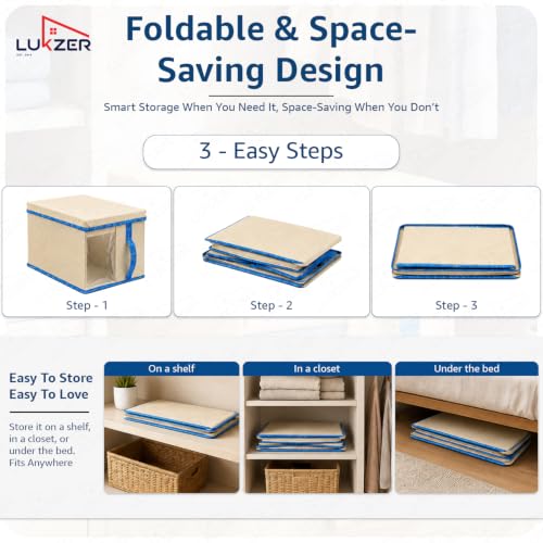 Image of Lukzer 4 PCs Wardrobe Organizer for Storage - 20L Non-Woven Foldable Cloth Organizer /Storage Box with Lid & Handle | Stackable Space-Saving Multipurpose Organizers for Home & Office Use - Beige /Blue