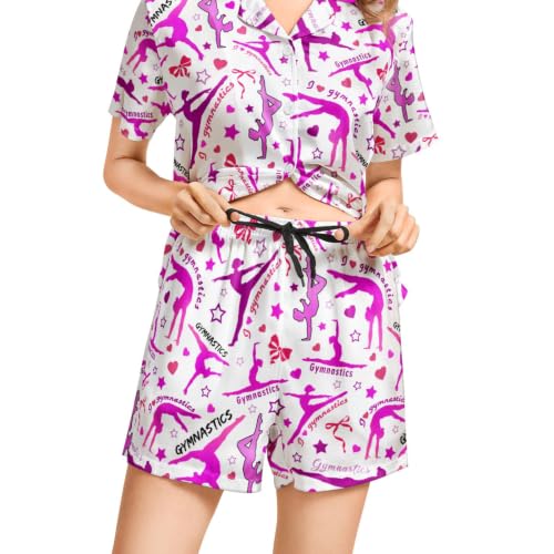 Image of Funny Satin Pajamas Set for Women Button Down Sleepwear Print Pjs Set 2 Piece Short Sleeve Loungewear Gift for Women