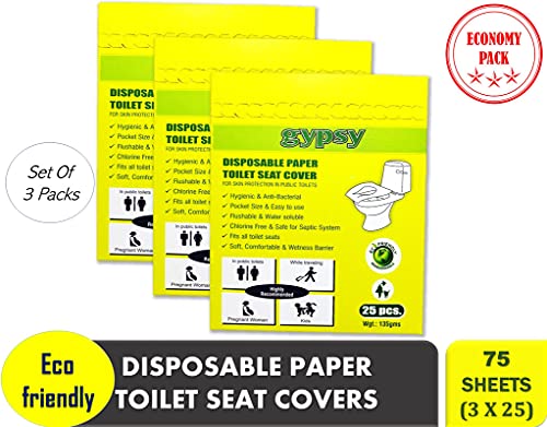 Image of Gypsy Disposable Paper Toilet Seat Covers -75 Sheets (3 x 25) | Flushable & Nature Friendly | Travel Pack For Skin Protection In Unhygienic Public Toilets.