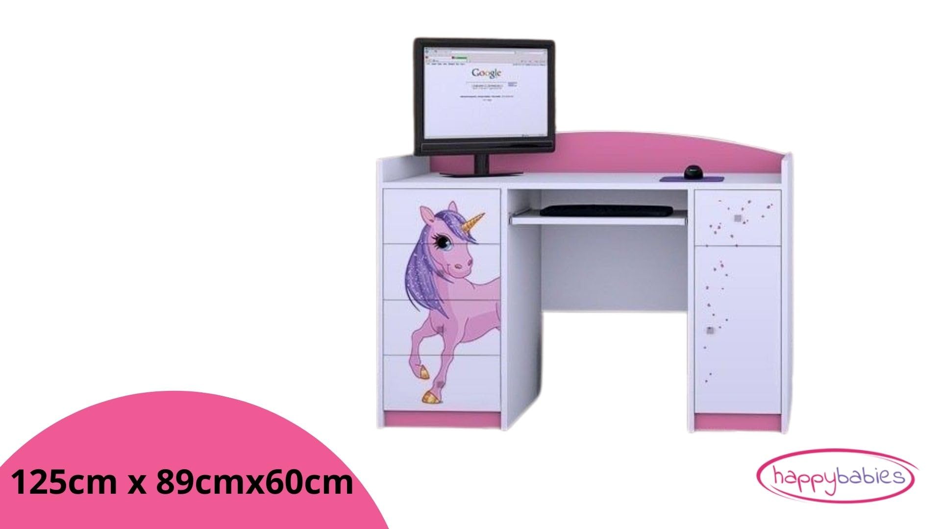 Happy Babies Schreibtisch für Kinderzimmer 125x89x60 weiß Rosa Büro PC-Schreibtisch mit Tastaturablage Computertisch mit Schubladen Muster Einhorn