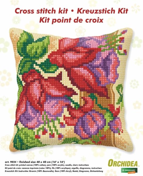 Kit point de croix gros trous coussin fleurs exotiques facile