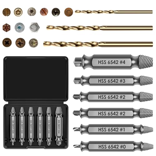 Gaethra Extractor De Tornillos Rotos 9 Piezas, Acero HSS 6542 Con Dureza HRC 63-65, Set De Extractores Con 3 Brocas Espirales, Extractor Para Perforar Y Eliminar Tornillos Dañados