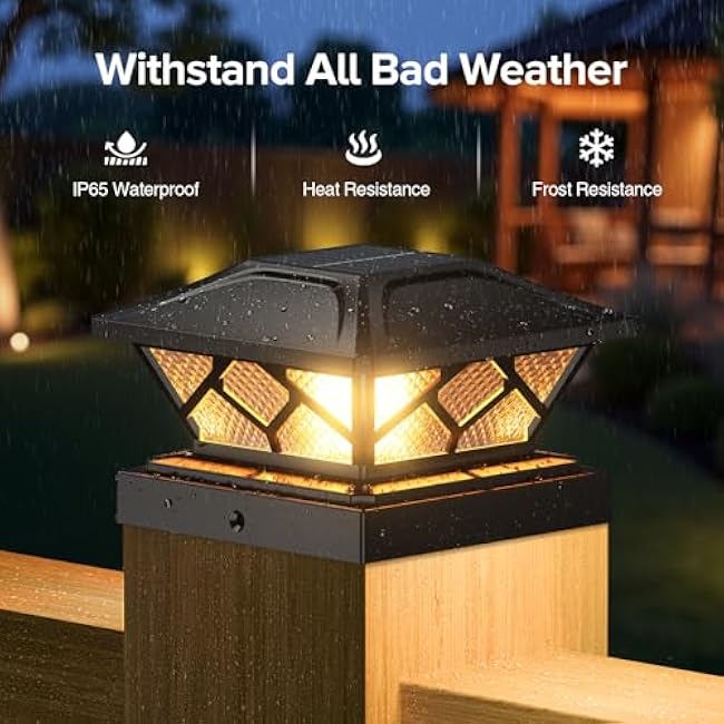 LETMY Solar Flame Post Cap Lights 2 Pack, 2 Modes Flickering Flame Outdoor Fence Post Solar Lights Waterproof for Garden Yard Fence Deck Patio Decor, Fits 4x4, 4.5x4.5, 5x5 Vinyl/Wooden Posts
