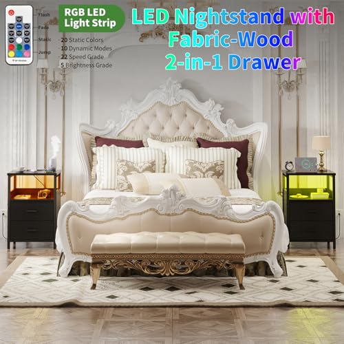 LED Nightstand with Charging Station and USB Ports for Bedroom, Living Room, Office