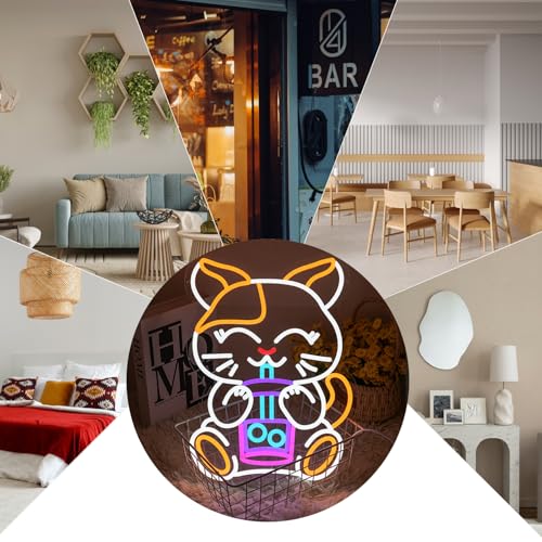 Image of Cat Boba Tea Neon Sign for Wall Decor, Dimmable Cute Cat Neon Light Bubble Tea Led Signs for Cafe Bar Kitchen Restaurant Coffee Store Bar Milk Tea Shop