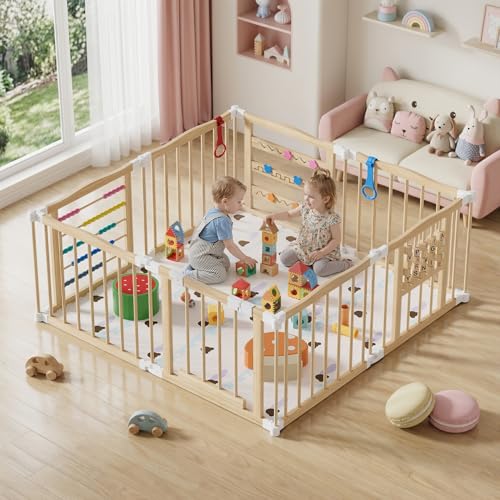 MSFE Parc Bebe Pliable Bois,8 éléments Playpen Baby avec Porte,Verrou de Sécurité et Jouets D'activités Montessori,Taille et Forme Réglables,Espace d'éveil Joyeux...
