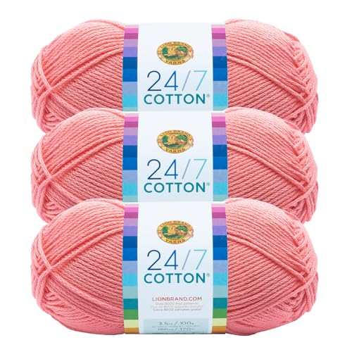 Image of Lion Brand Yarn, 24 /7 Cotton Yarn, Pink, 3 Pack | Light Worsted 100% Mercerized Cotton Yarn for Crochet, Knitting, Craft, 185 Yards of Natural Fiber for Tees, Bags, Dishcloths