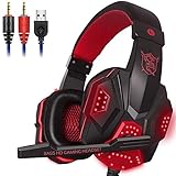 DNACC LED Light Gaming-Headset mit 130 ° Drehbares Rauschunterdrückung Omnidirektionaler Tonabnehmer Mikrofon Kopfhörer Einstellbarer Kopfbügel Weiche Ohrpolster für Ps4/Xbox One/Pc/Mac,Rot