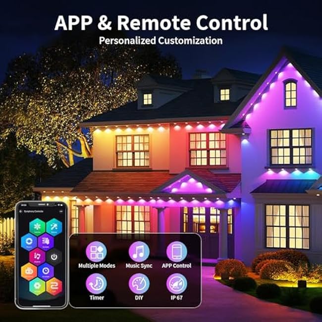 100FT Permanent Outdoor Lights, RGB+IC Eaves Lights with App Control Remote,DIY Scene Modes IP67 Waterproof Outside LED Light for Christmas, Halloween,Holiday, House Roof Eternity Lighting