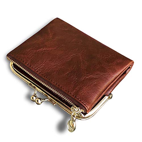 Image of AOXONEL Womens Wallet Small Rfid Ladies Compact Bifold Leather Vintage Coin Purse With Zipper and Kiss Lock, Brown, Small