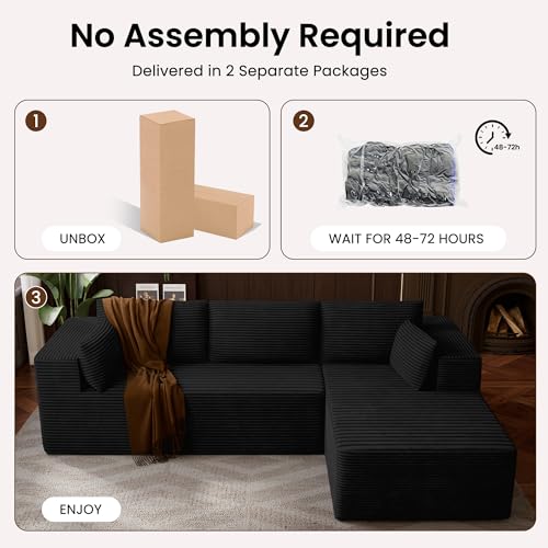 Image of 106 inch Cloud Sectional Boneless Couches for Living Room, Modular L Shaped Couch with Deep Seat Oversized Right Facing Chaise, Memory Foam Compressed Spineless 3 Seater Sofa for Apartment, Black