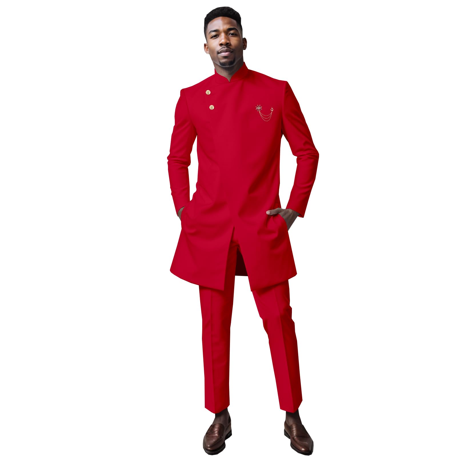 Men's 2 Piece Slim Fit Bussiness Suit Two Button Chain Solid Jacket Pants Set African Clothes